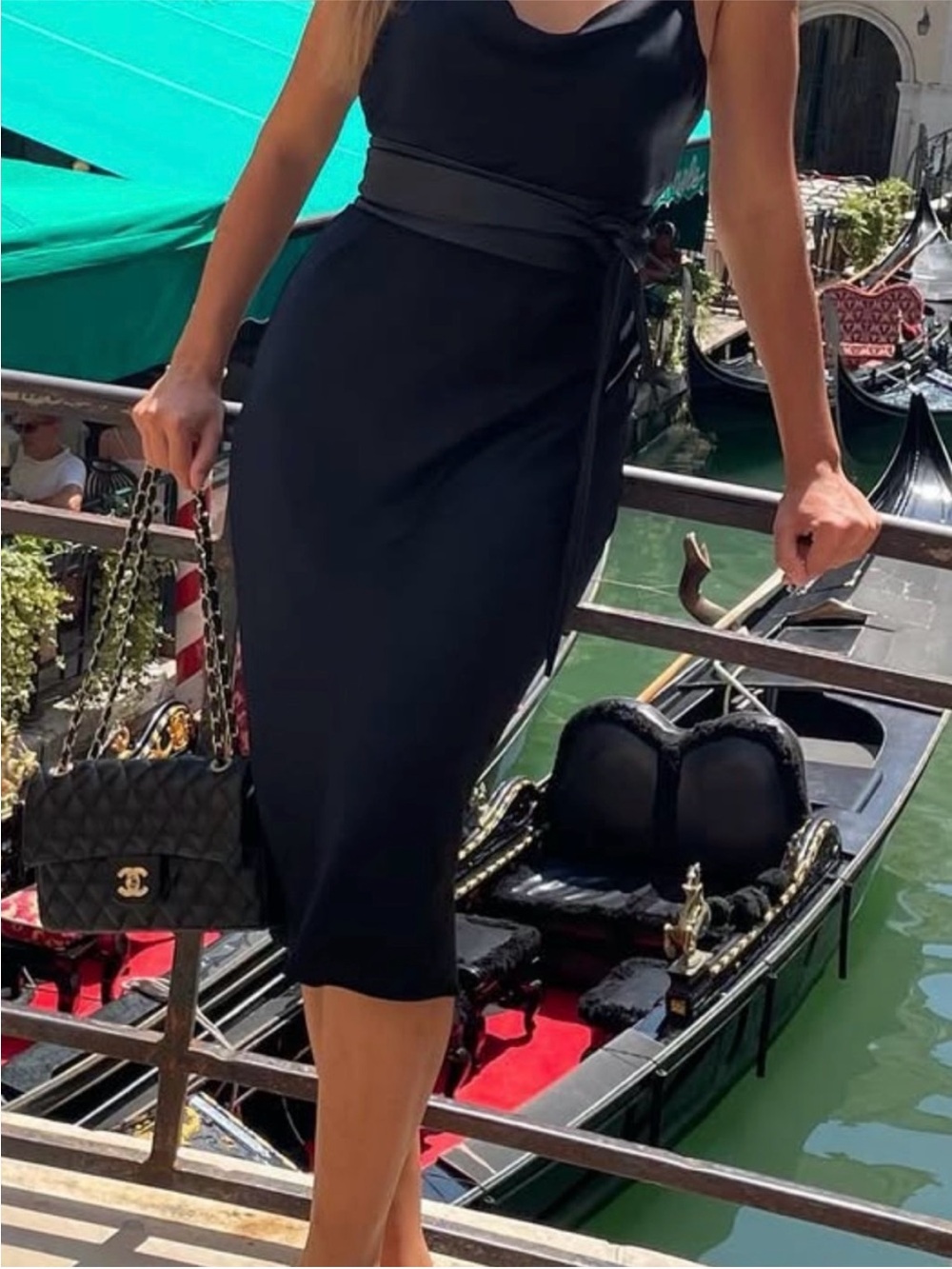Zara Black Satin-Trim Midi Dress